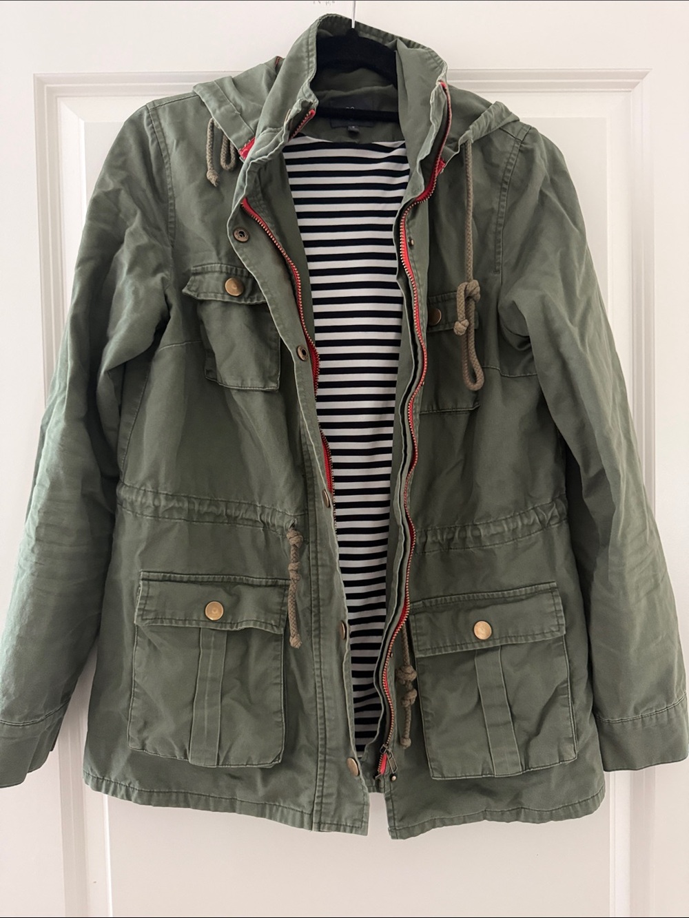 Market & Spruce Olive Green Hooded Utility Jacket with Stripe Lining